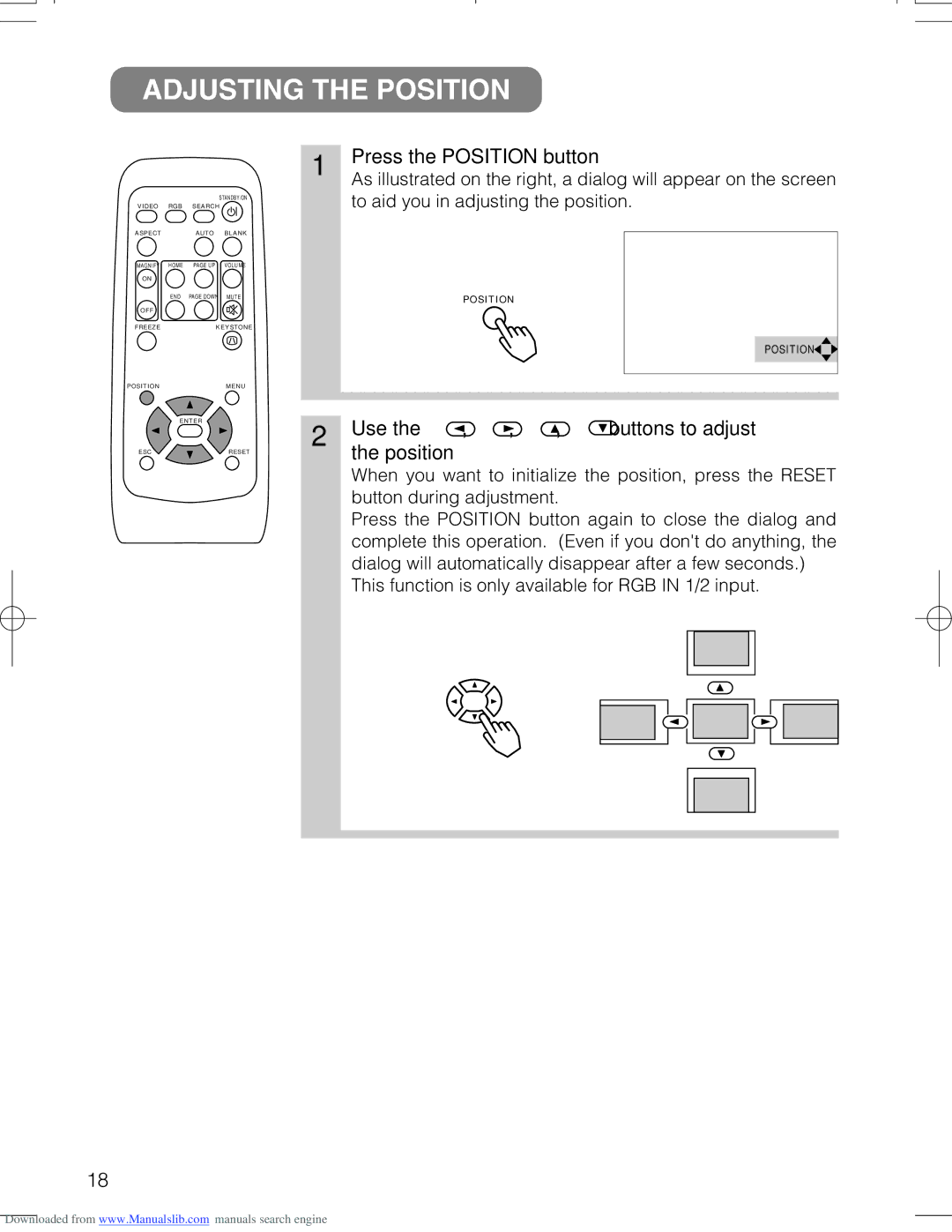 Hitachi CPX328W user manual Adjusting the Position, Press the Position button, Use Buttons to adjust Position 