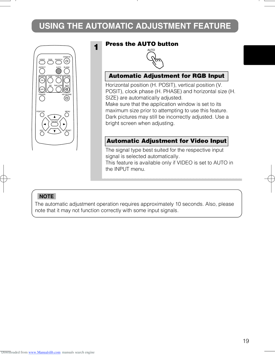 Hitachi CPX328W Using the Automatic Adjustment Feature, Press the Auto button, Automatic Adjustment for RGB Input 