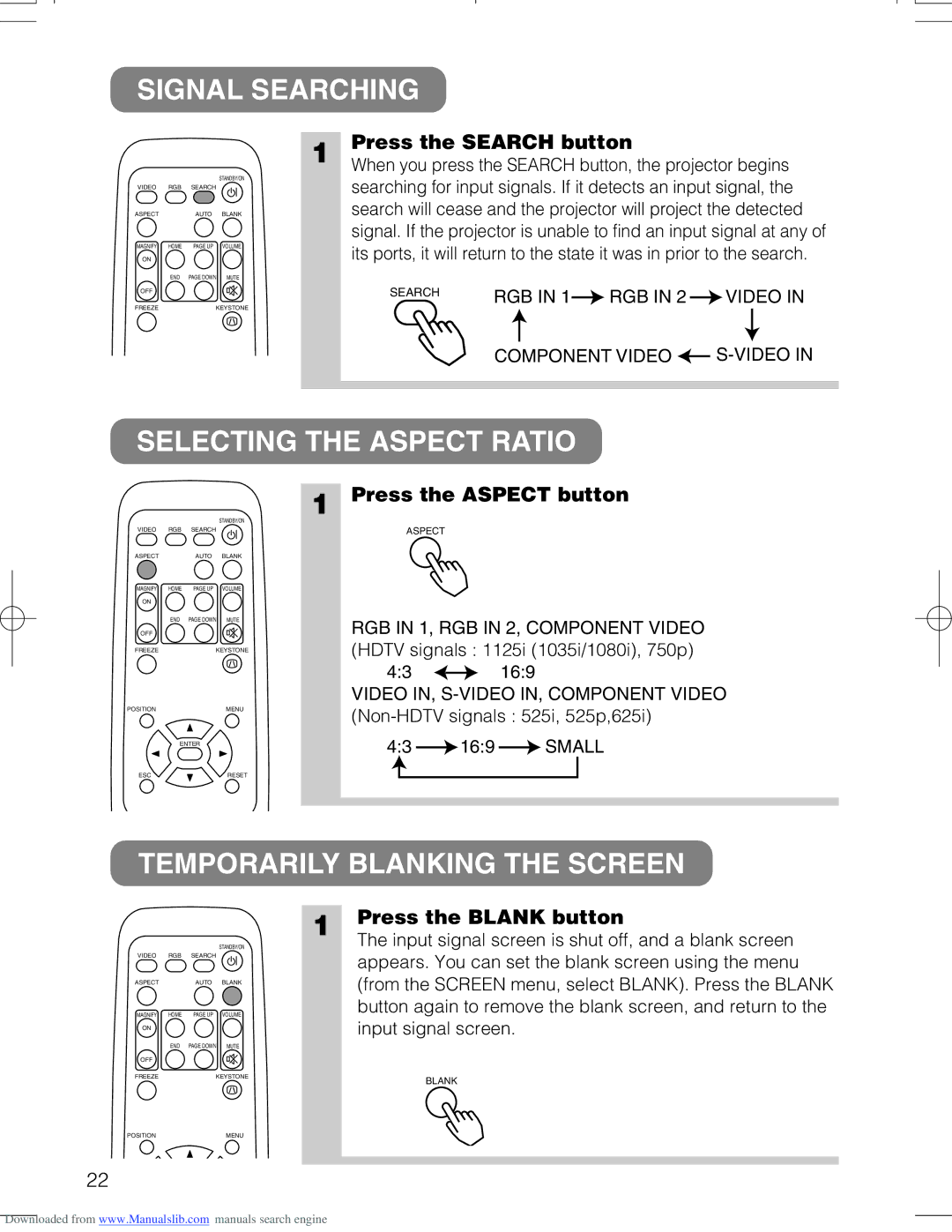 Hitachi CPX328W user manual Signal Searching, Selecting the Aspect Ratio, Temporarily Blanking the Screen 