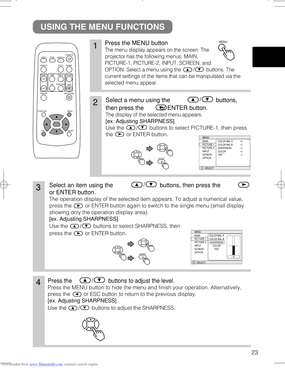 Hitachi CPX328W Using the Menu Functions, Press the Menu button, Select a menu using Buttons Then press Or Enter button 