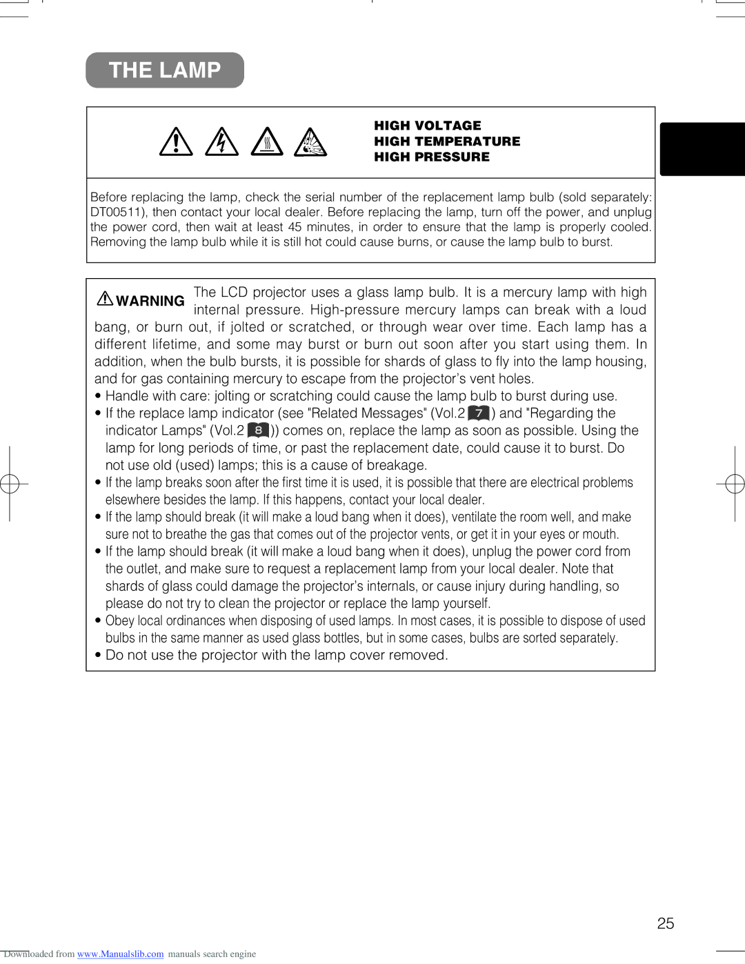 Hitachi CPX328W user manual Lamp, High Voltage High Temperature High Pressure 