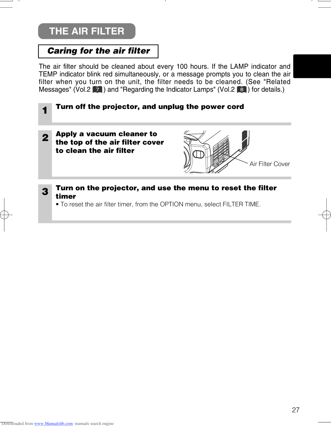 Hitachi CPX328W user manual AIR Filter, Caring for the air filter 