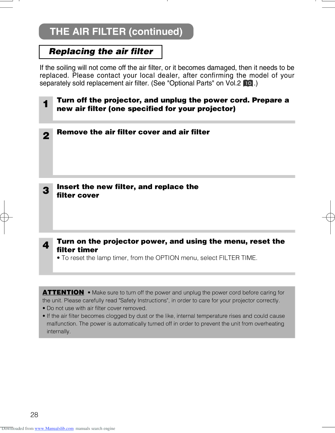 Hitachi CPX328W user manual Replacing the air filter 