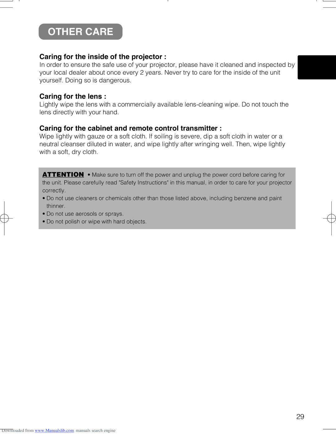 Hitachi CPX328W user manual Other Care, Caring for the inside of the projector, Caring for the lens 