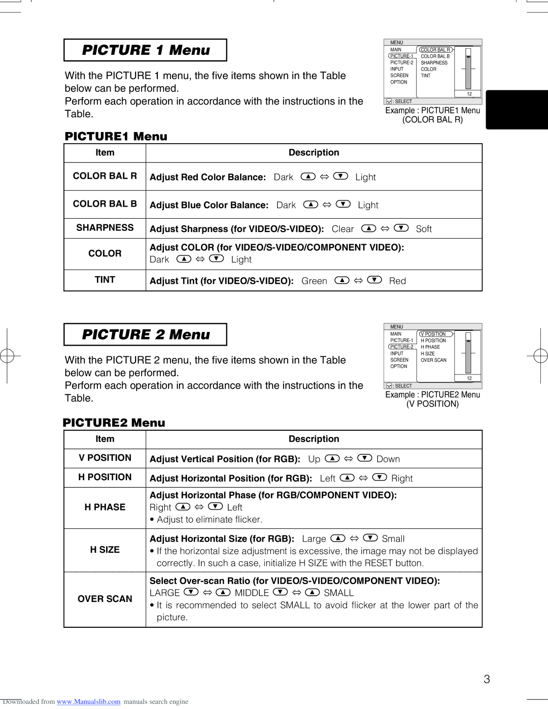 Hitachi CPX328W user manual Picture 1 Menu, Picture 2 Menu, PICTURE1 Menu, PICTURE2 Menu 