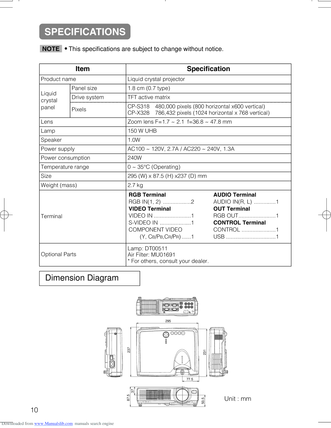 Hitachi CPX328W user manual Specifications, Dimension Diagram 