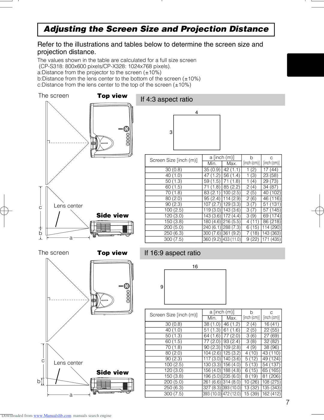 Hitachi CPX328W user manual Adjusting the Screen Size and Projection Distance, Top view Side view 