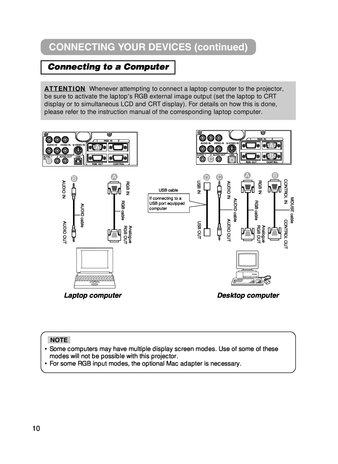 Hitachi CPX385W user manual CONNECTING YOUR DEVICES continued, Connecting to a Computer, Laptop computer, Desktop computer 