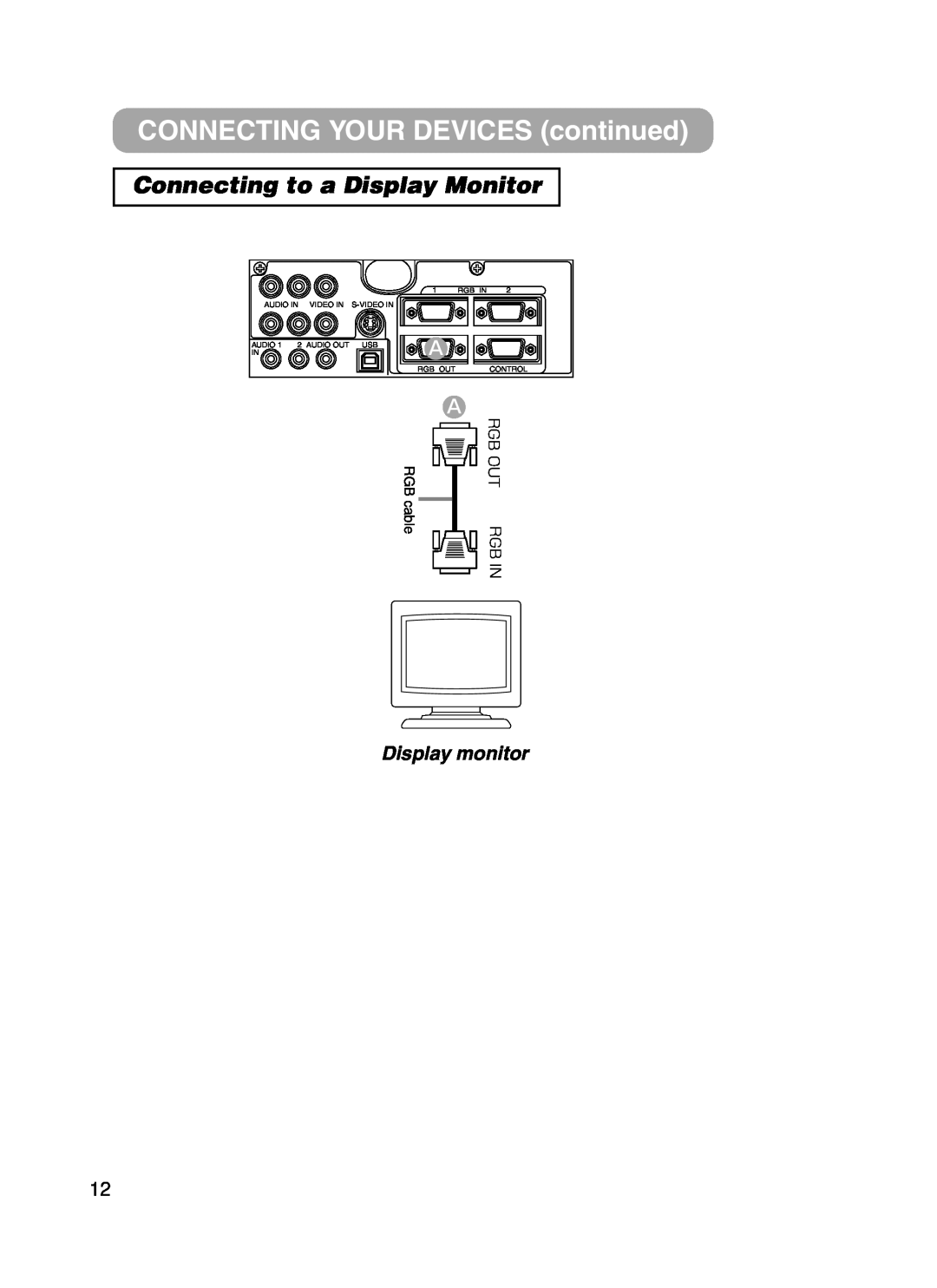 Hitachi CPX385W user manual Connecting to a Display Monitor, Display monitor, CONNECTING YOUR DEVICES continued, RGB cable 