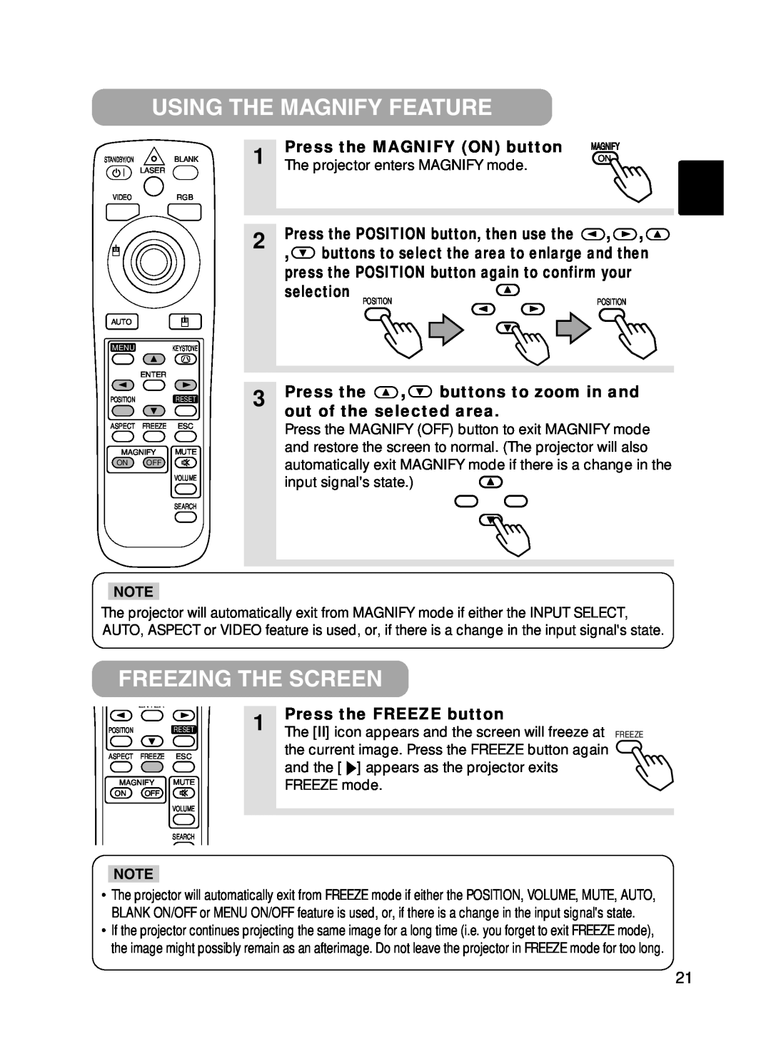 Hitachi CPX385W user manual Using The Magnify Feature, Freezing The Screen, Press the MAGNIFY ON button, selection 