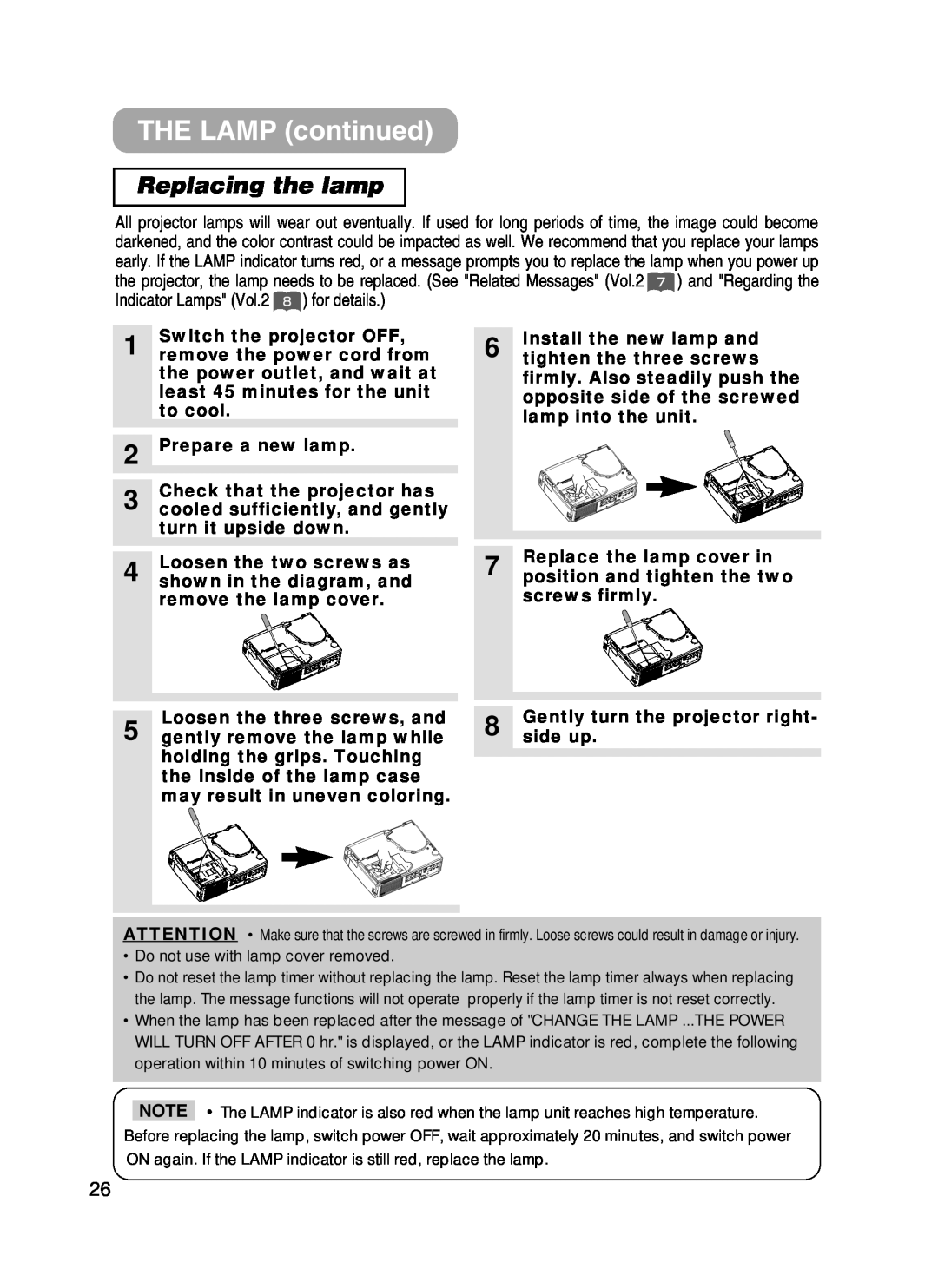 Hitachi CPX385W user manual THE LAMP continued, Replacing the lamp 