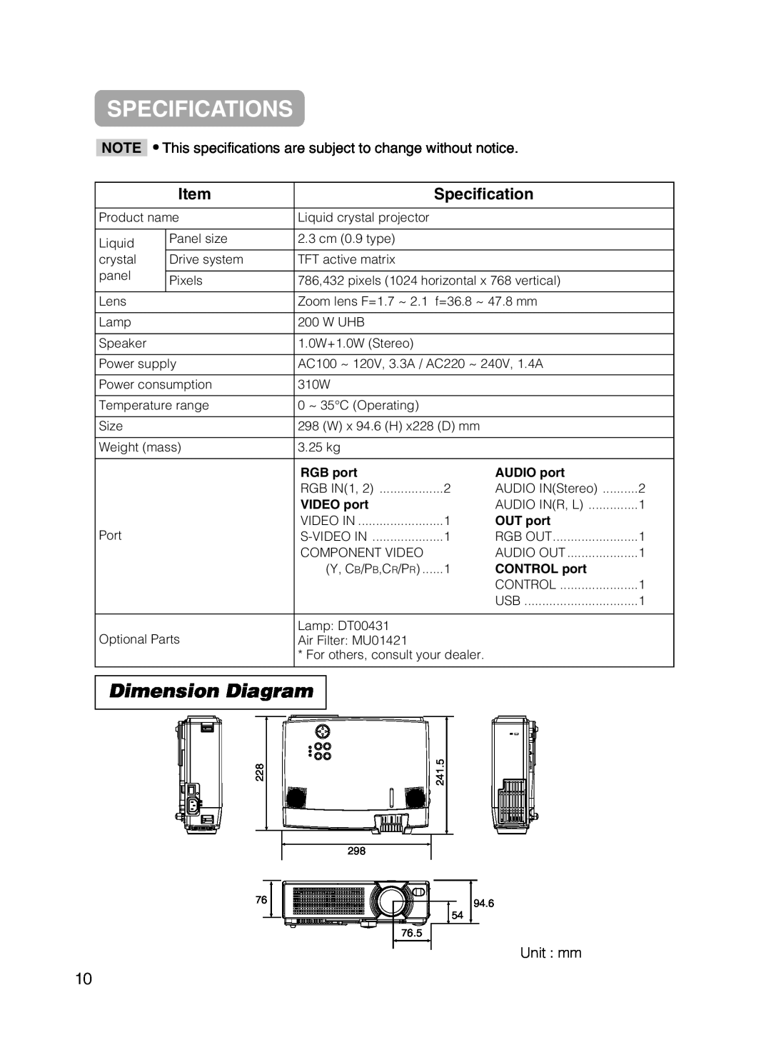 Hitachi CPX385W user manual Specifications, Dimension Diagram, Item 