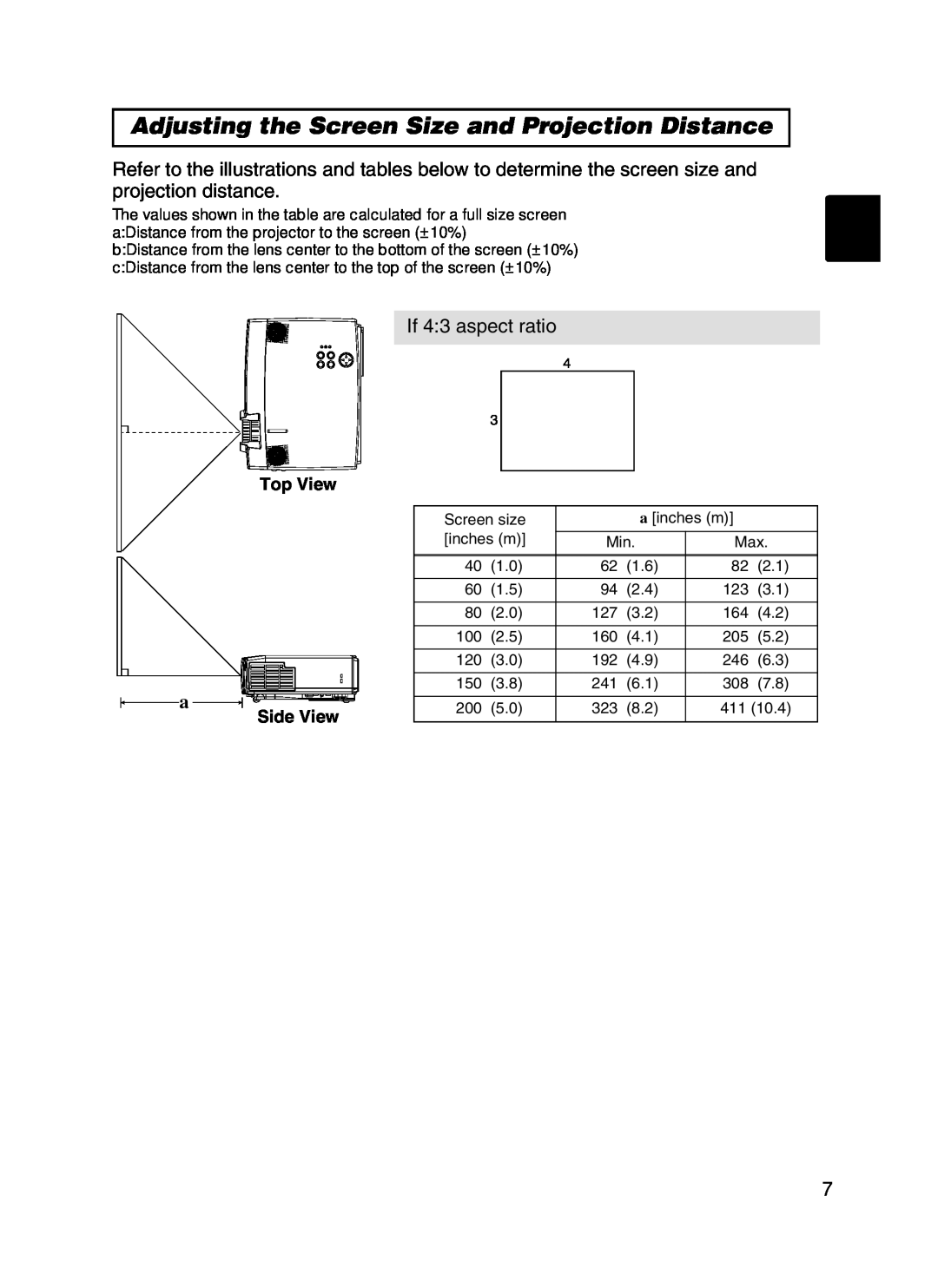 Hitachi CPX385W user manual Adjusting the Screen Size and Projection Distance, If 4:3 aspect ratio 