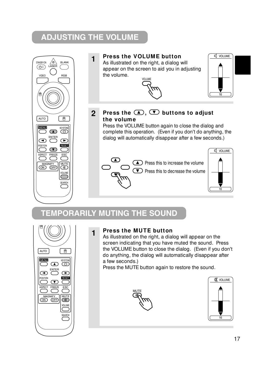 Hitachi CPX385W Adjusting the Volume, Temporarily Muting the Sound, Press the Volume button, Press the Mute button 