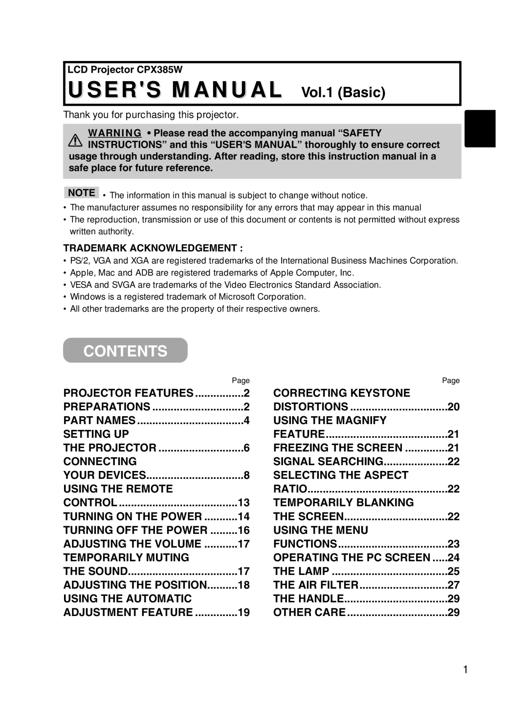 Hitachi CPX385W user manual Contents 