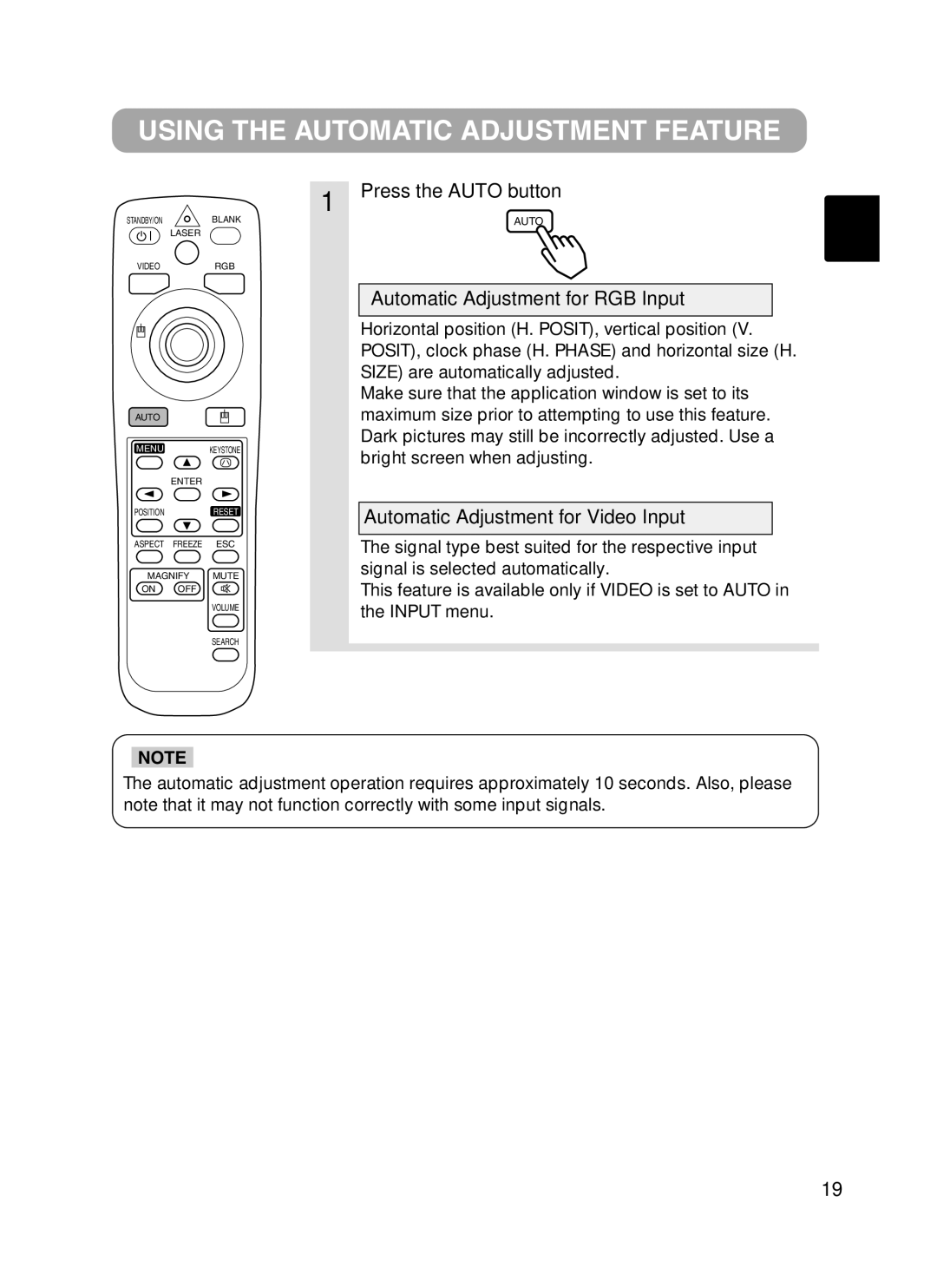 Hitachi CPX385W Using the Automatic Adjustment Feature, Press the Auto button, Automatic Adjustment for RGB Input 