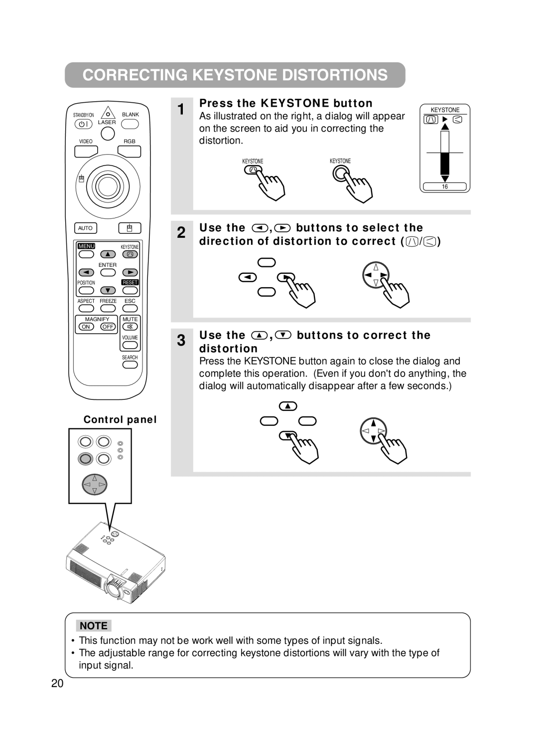 Hitachi CPX385W Correcting Keystone Distortions, Press the Keystone button, On the screen to aid you in correcting 