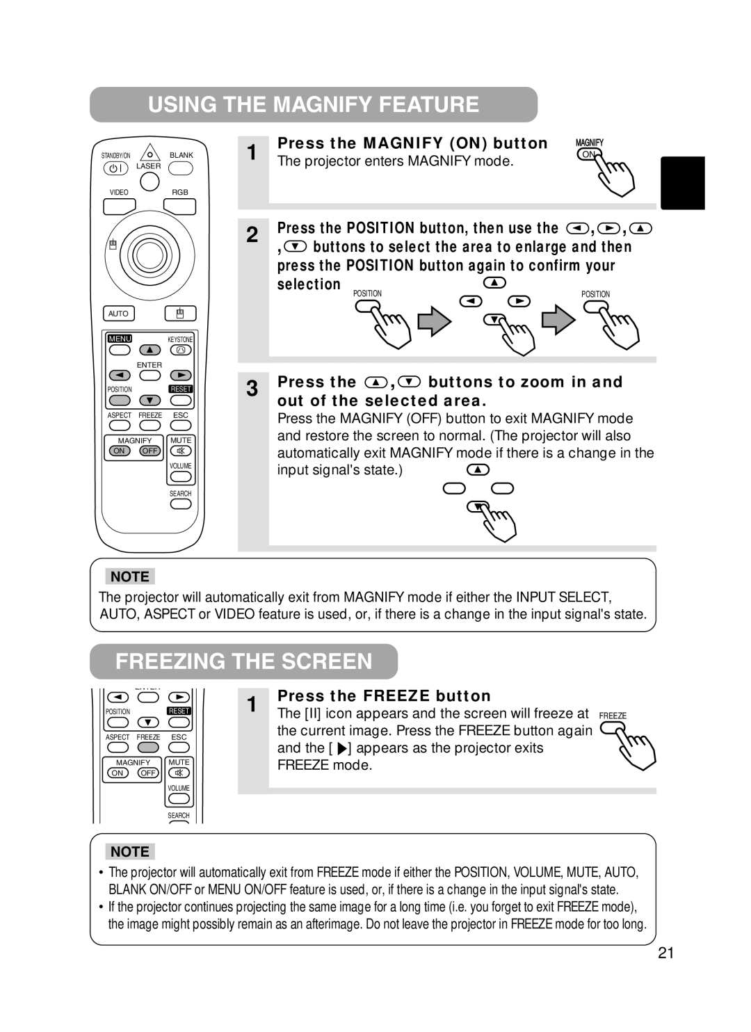 Hitachi CPX385W user manual Using the Magnify Feature, Freezing the Screen 