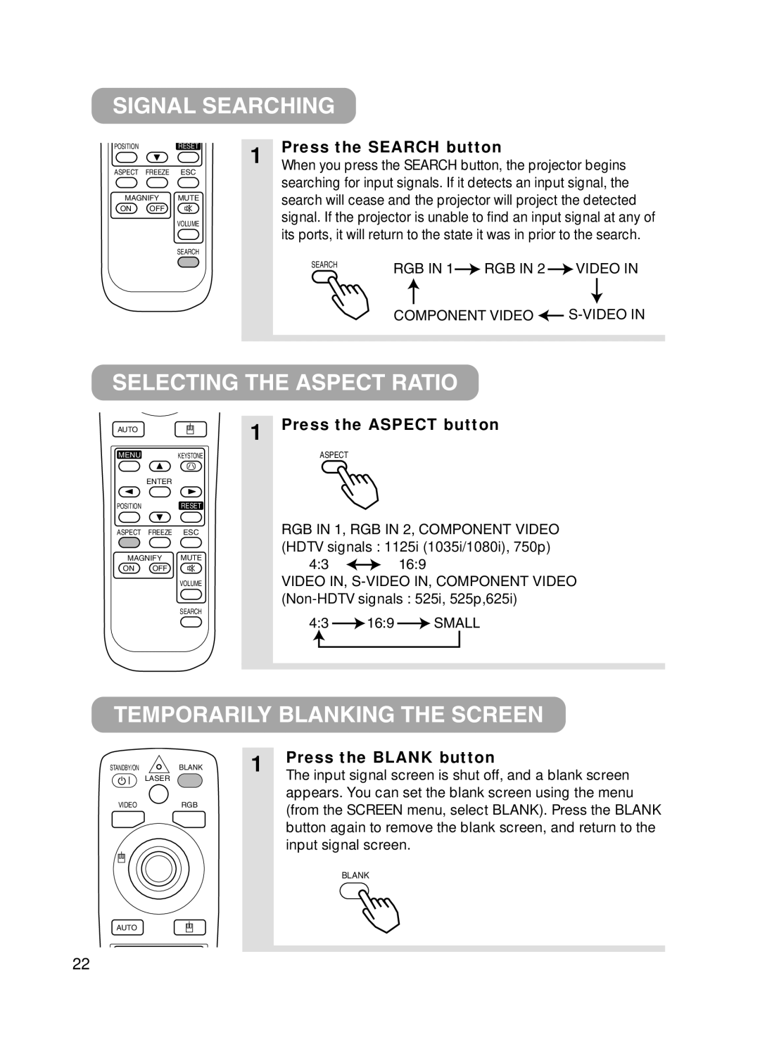 Hitachi CPX385W user manual Signal Searching, Selecting the Aspect Ratio, Temporarily Blanking the Screen 