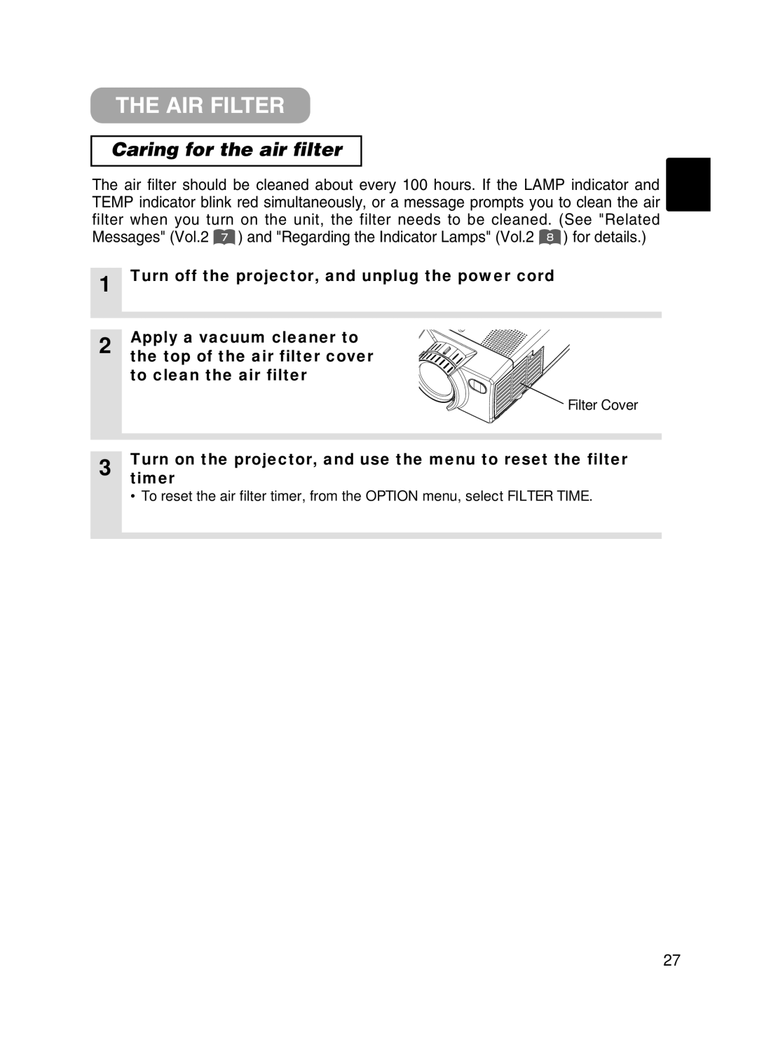 Hitachi CPX385W user manual AIR Filter, Caring for the air filter 