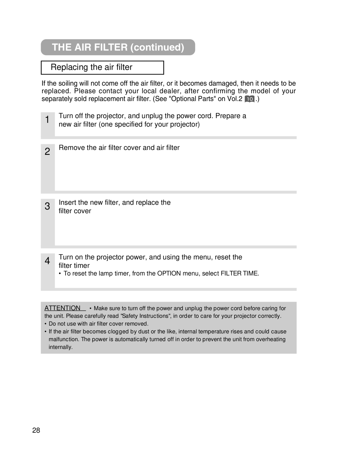 Hitachi CPX385W user manual Replacing the air filter 