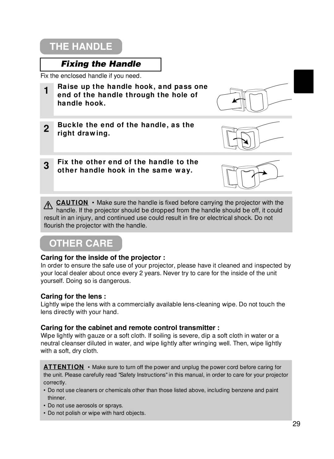 Hitachi CPX385W user manual Other Care, Fixing the Handle 