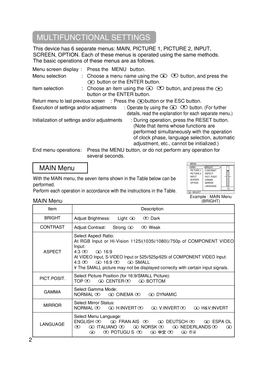 Hitachi CPX385W user manual Multifunctional Settings, Main Menu 