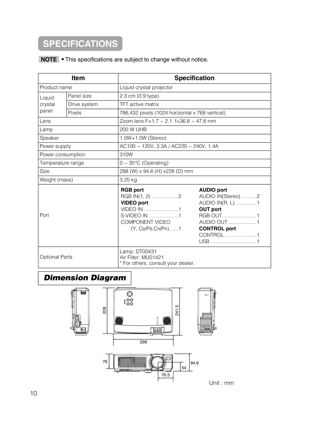 Hitachi CPX385W user manual Specifications, Dimension Diagram, Unit mm 