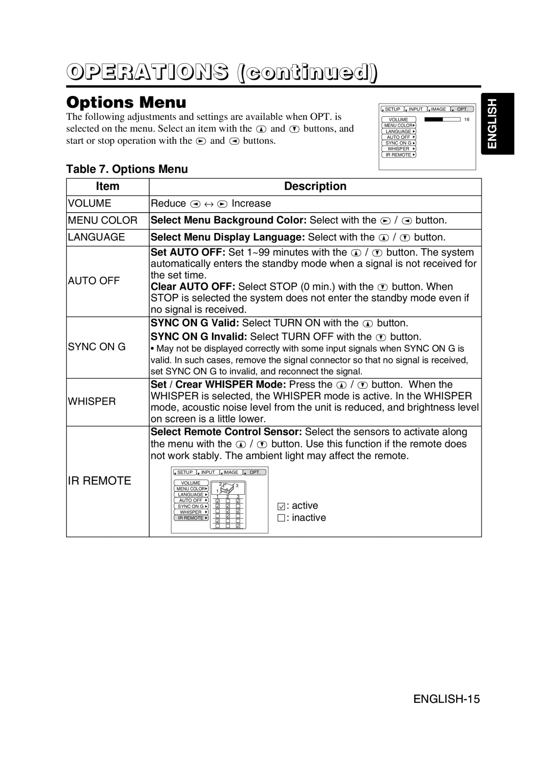 Hitachi CPX430W Options Menu, Select Menu Background Color Select with, Select Menu Display Language Select with 