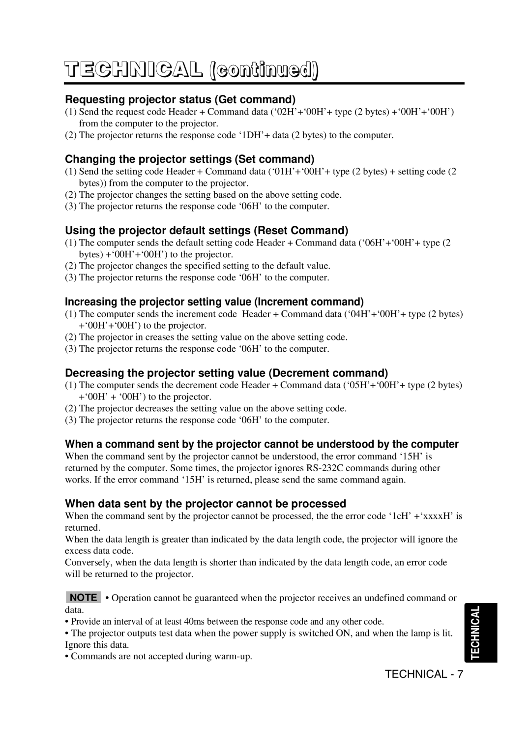 Hitachi CPX430W user manual Requesting projector status Get command, Changing the projector settings Set command 