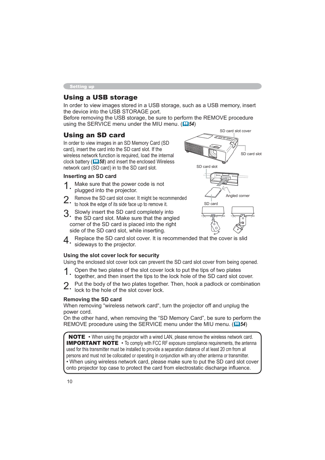 Hitachi CPX6 Using a USB storage, Using an SD card, Inserting an SD card, Using the slot cover lock for security 