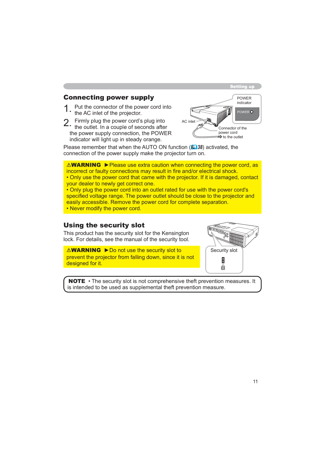 Hitachi CPX6 user manual Connecting power supply, Using the security slot, GhvljqhgIruLw, 6HFXULW\VORW 