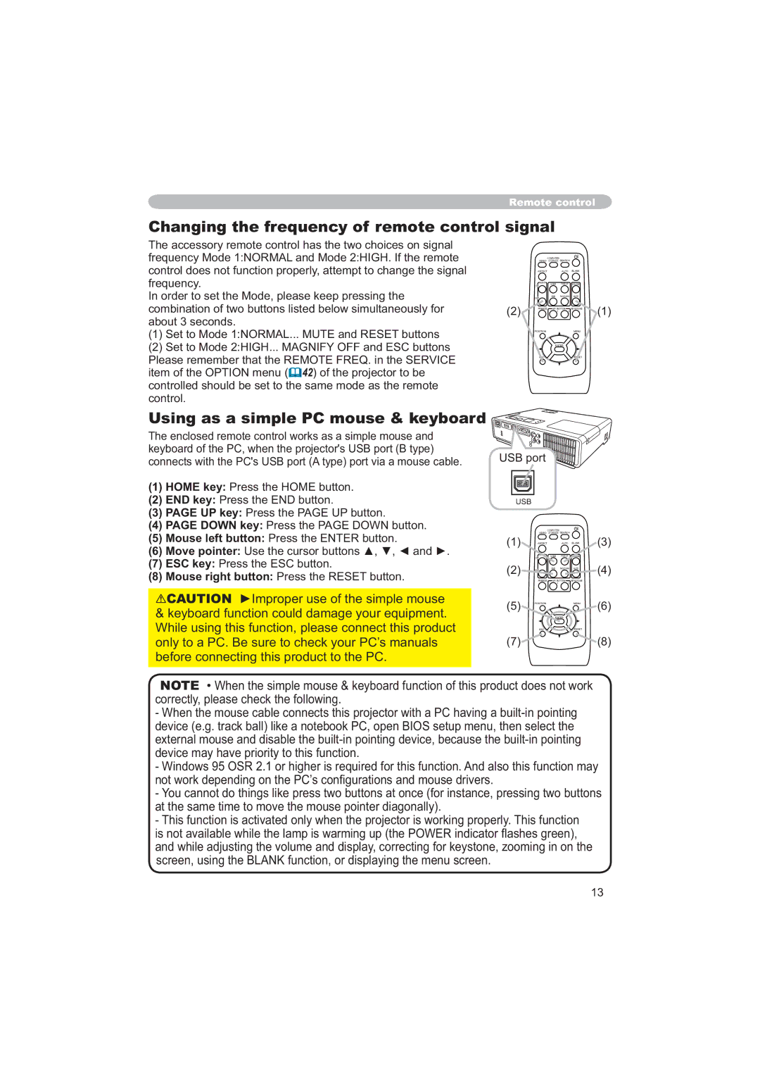 Hitachi CPX6 user manual Changing the frequency of remote control signal, Using as a simple PC mouse & keyboard 