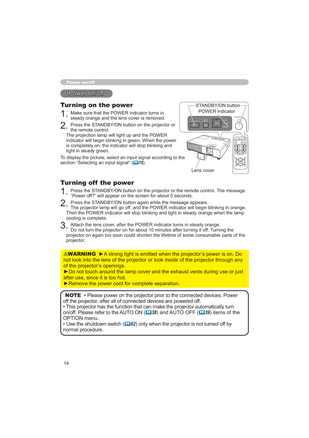 Hitachi CPX6 user manual Turning on the power, Turning off the power 