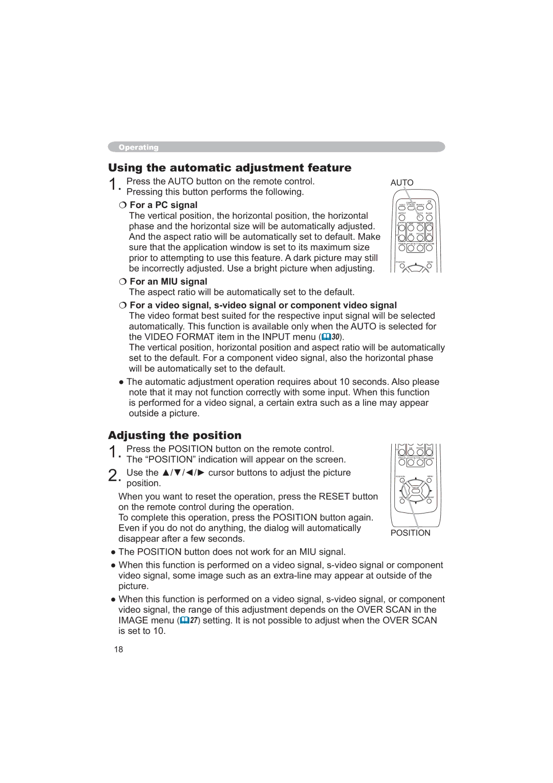 Hitachi CPX6 Using the automatic adjustment feature, Adjusting the position, € For a PC signal, € For an MIU signal 