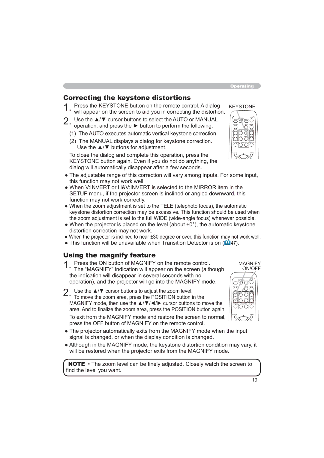 Hitachi CPX6 user manual Correcting the keystone distortions, Using the magnify feature 