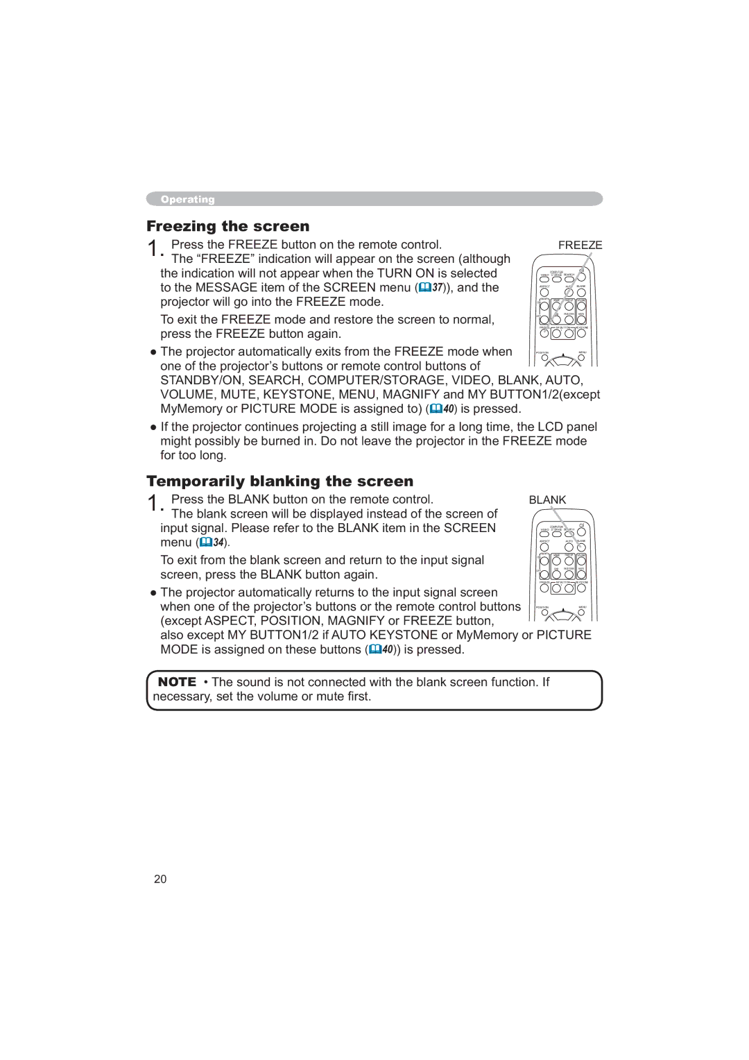 Hitachi CPX6 user manual Freezing the screen, Temporarily blanking the screen 