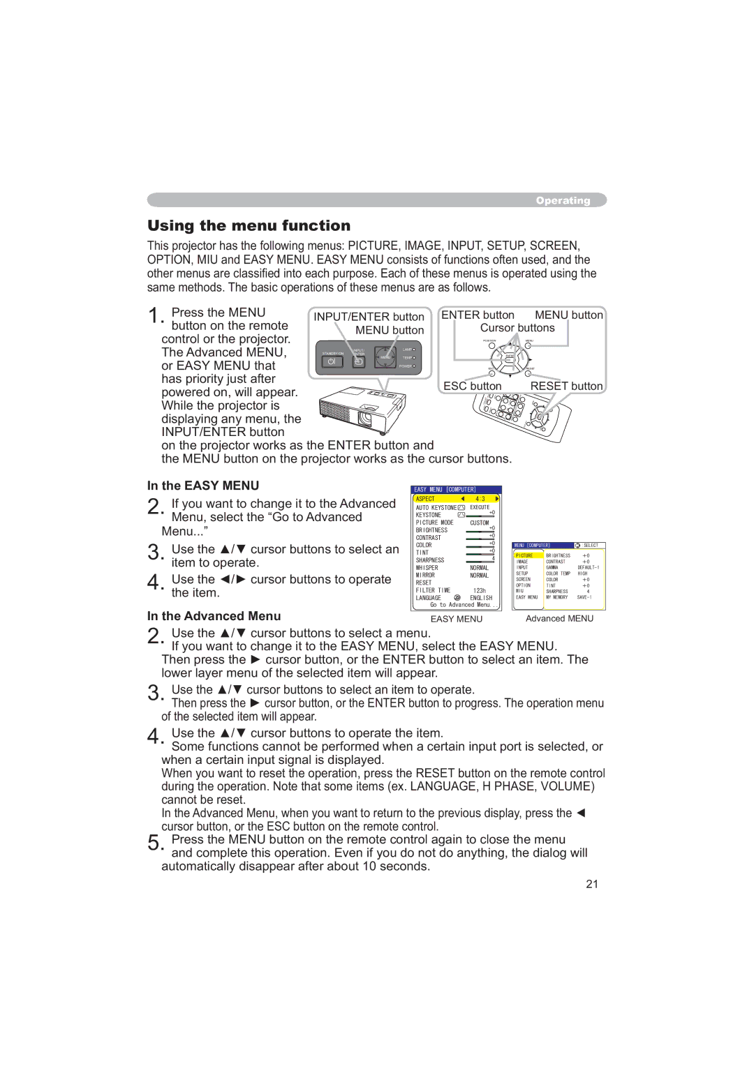 Hitachi CPX6 Using the menu function, Easy Menu, Advanced Menu, RiWkhVhohfwhgLwhpZlooDsshdu, FdqqrwEhUhvhw 