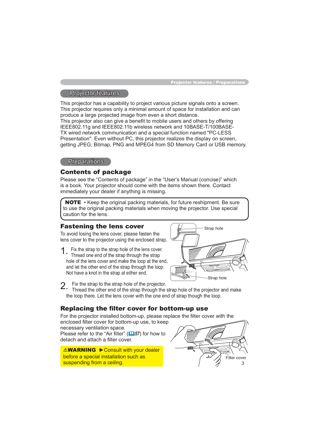 Hitachi CPX6 user manual Contents of package, Fastening the lens cover 