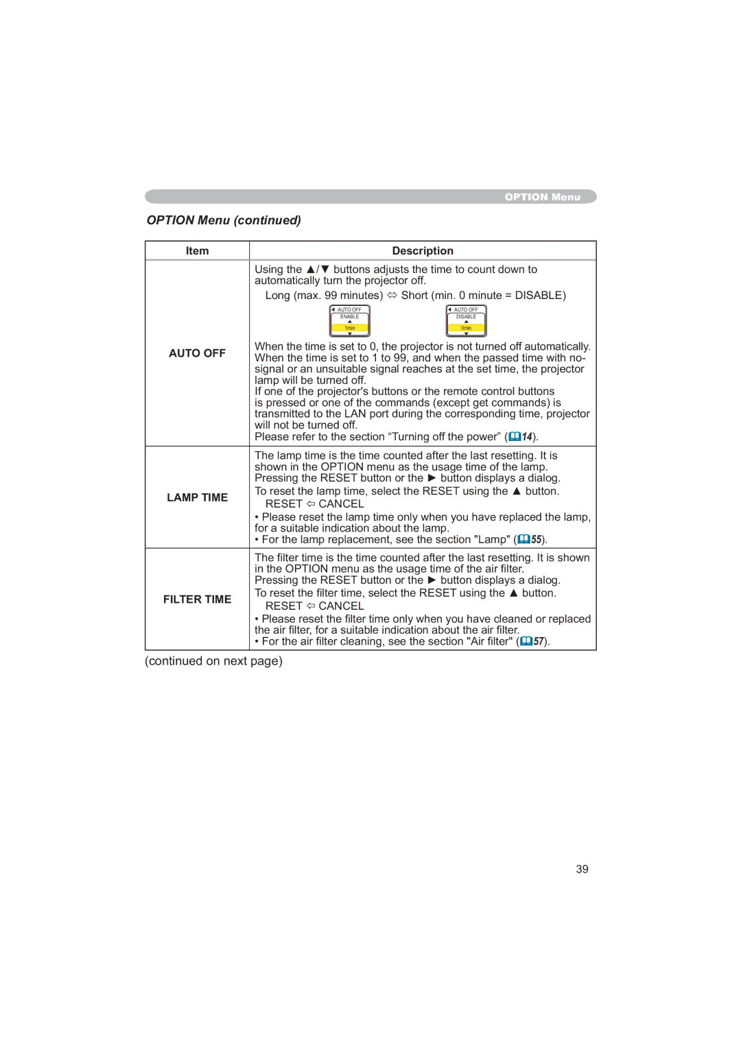 Hitachi CPX6 user manual Option Menu, Auto OFF, Lamp Time, Filter Time 