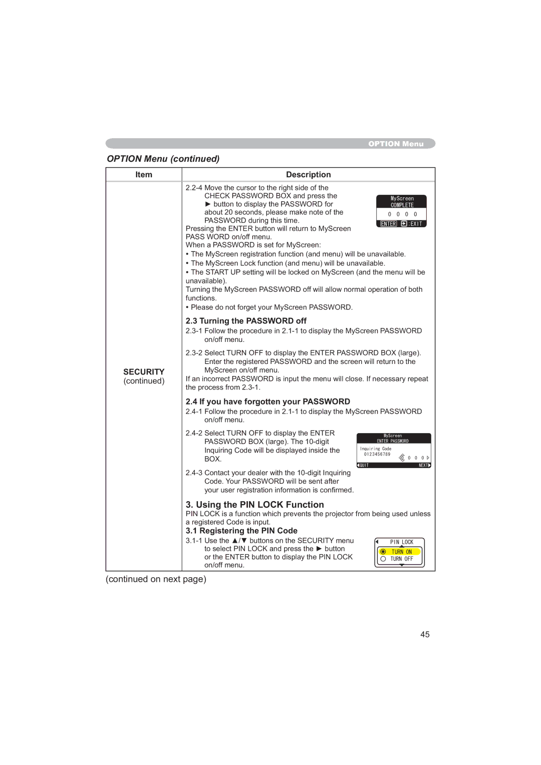 Hitachi CPX6 user manual Using the PIN Lock Function, Turning the Password off, Registering the PIN Code 