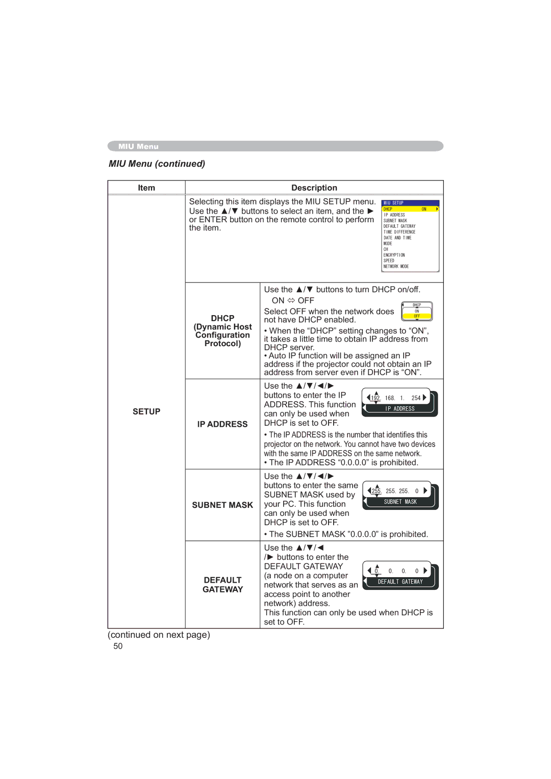 Hitachi CPX6 user manual MIU Menu 