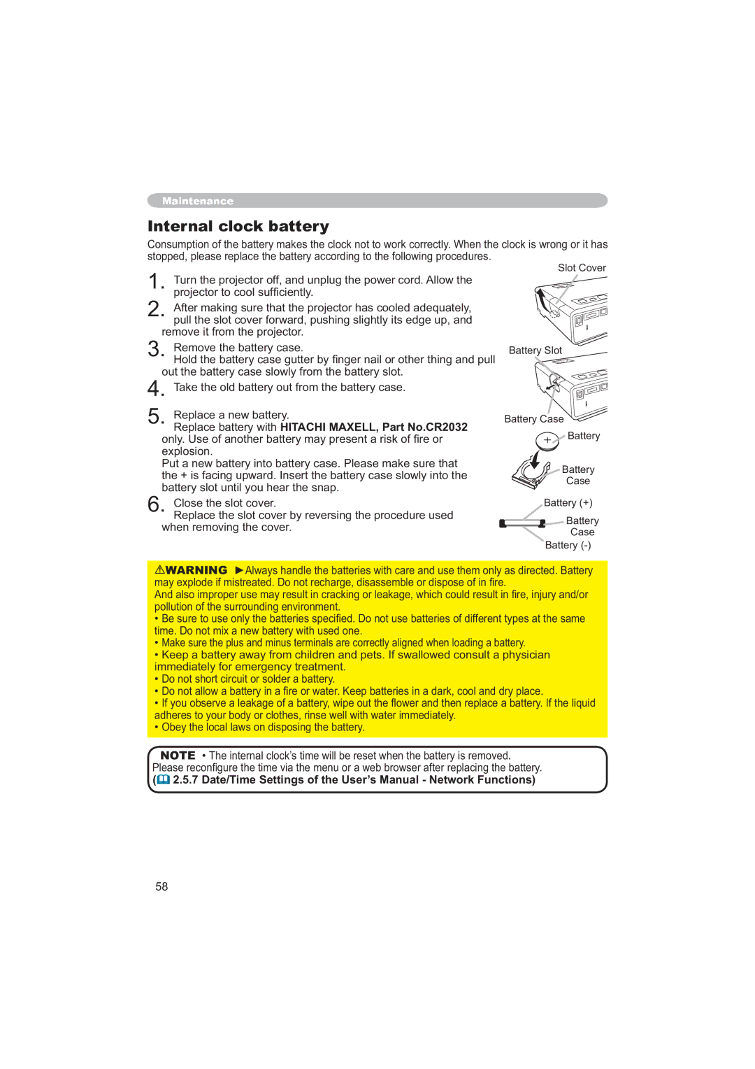 Hitachi CPX6 user manual Internal clock battery, Date/Time Settings of the User’s Manual Network Functions 