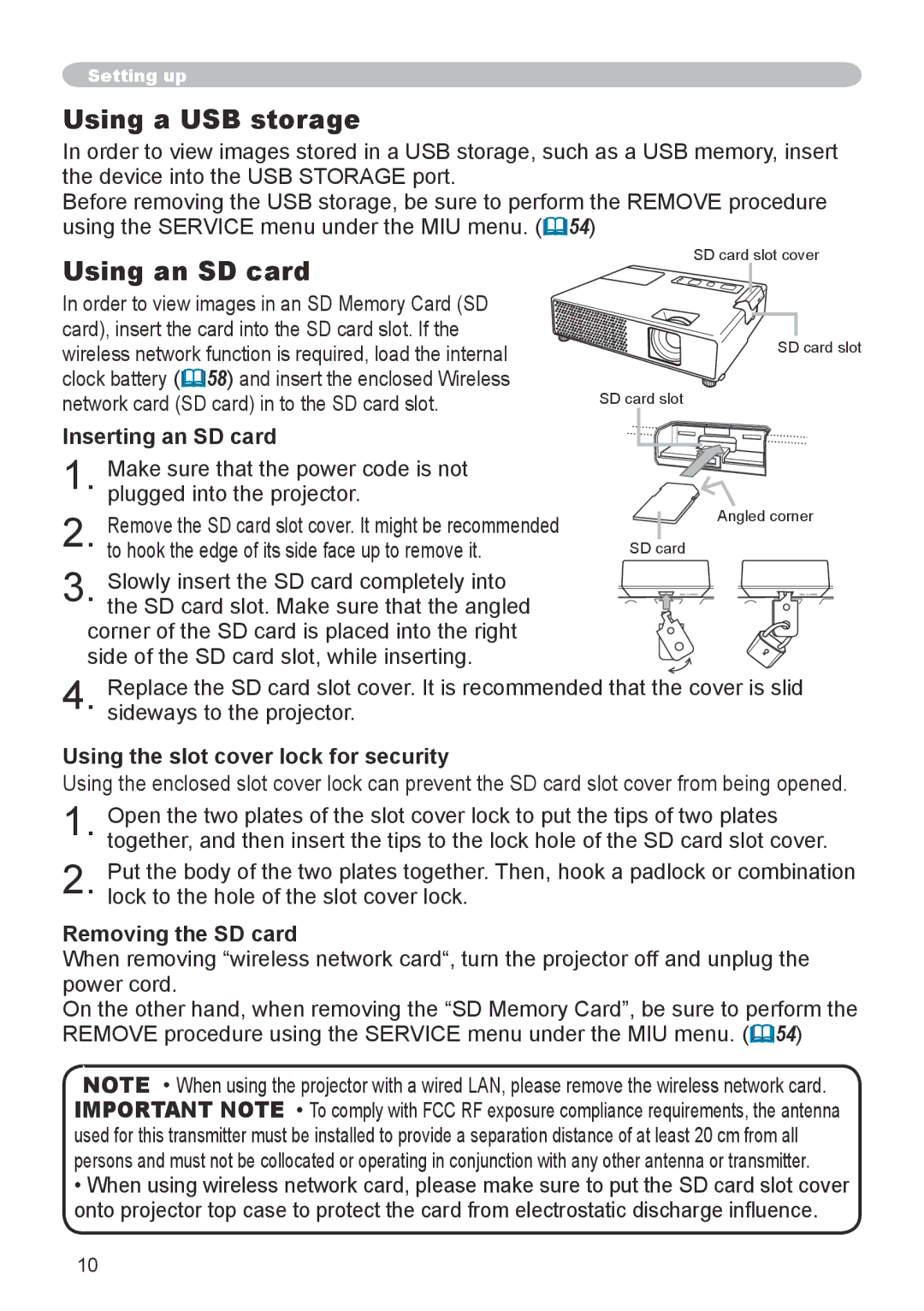 Hitachi CPX6 Using a USB storage, Using an SD card, Inserting an SD card, Using the slot cover lock for security 