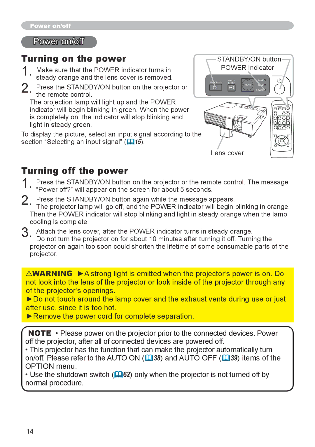 Hitachi CPX6 user manual Power on/off, Turning on the power, Turning off the power, Lens cover 