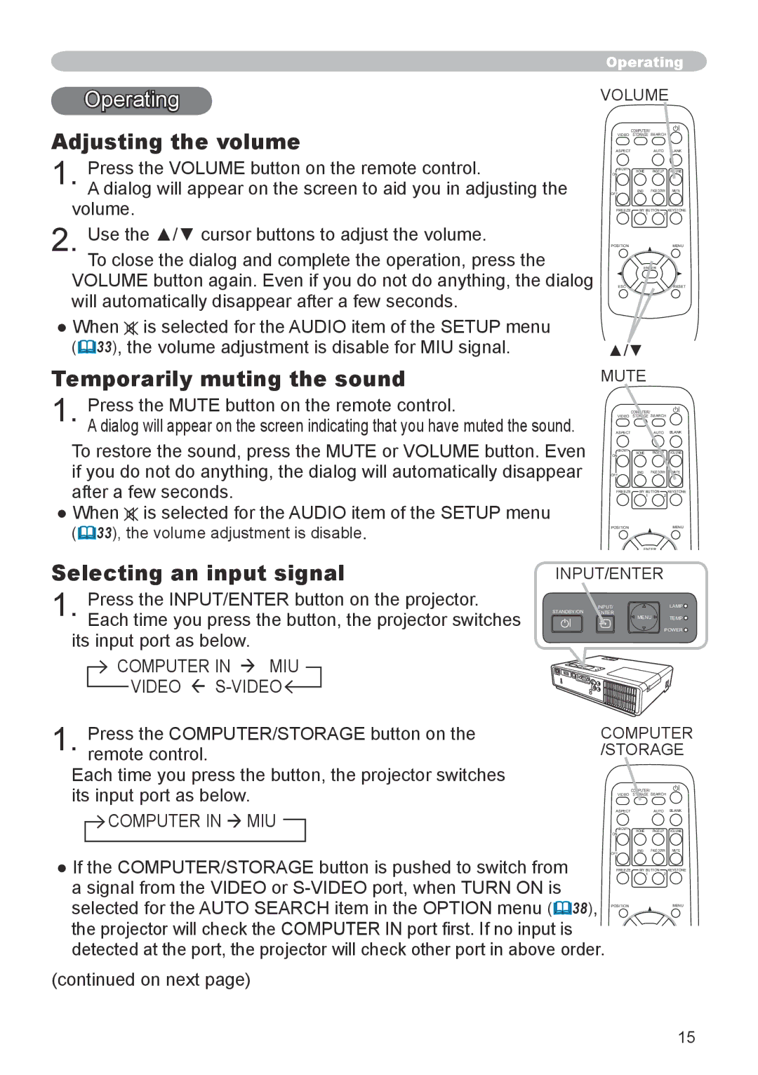 Hitachi CPX6 user manual Operating, Adjusting the volume, Temporarily muting the sound 