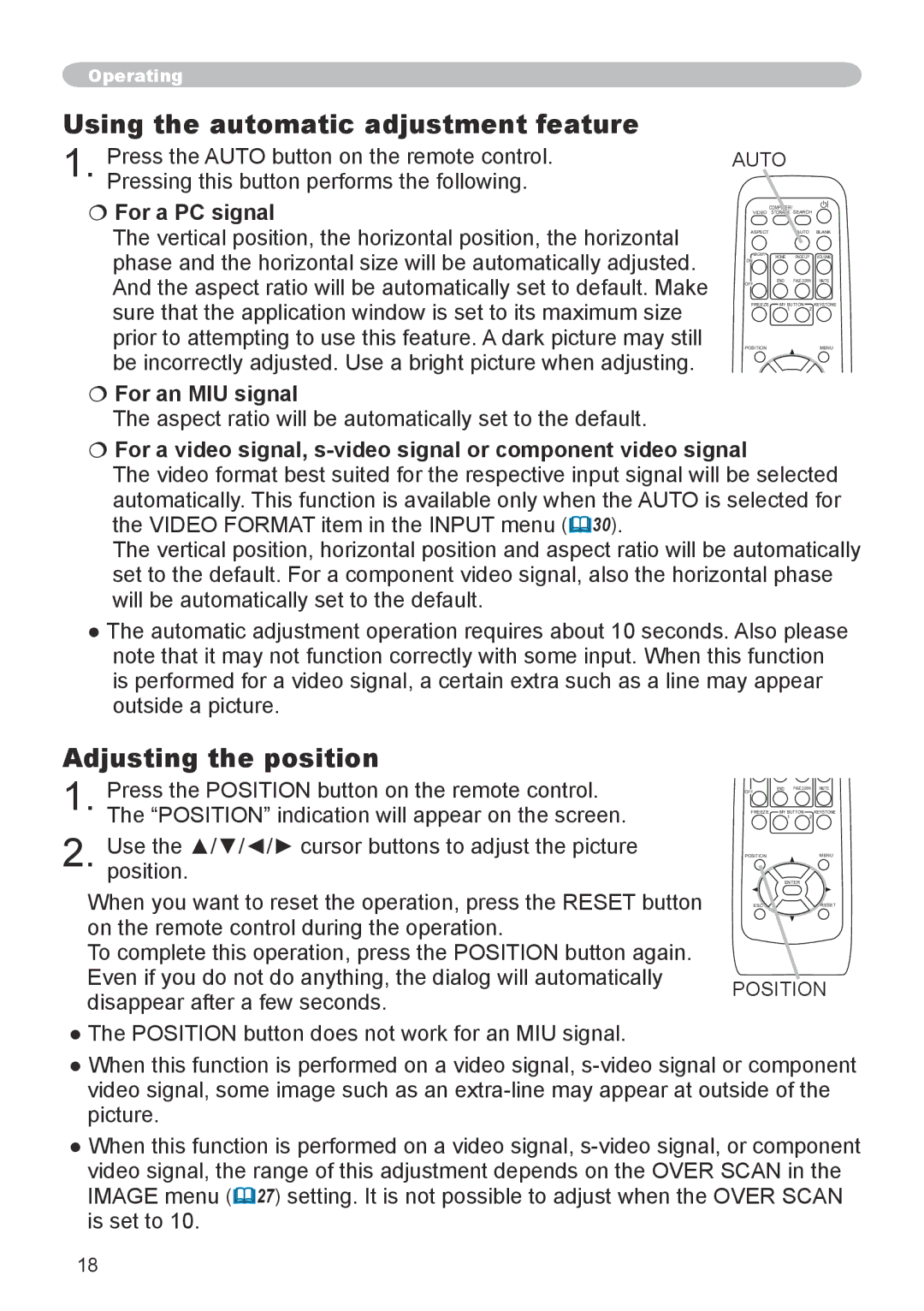 Hitachi CPX6 Using the automatic adjustment feature, Adjusting the position,  For a PC signal,  For an MIU signal 