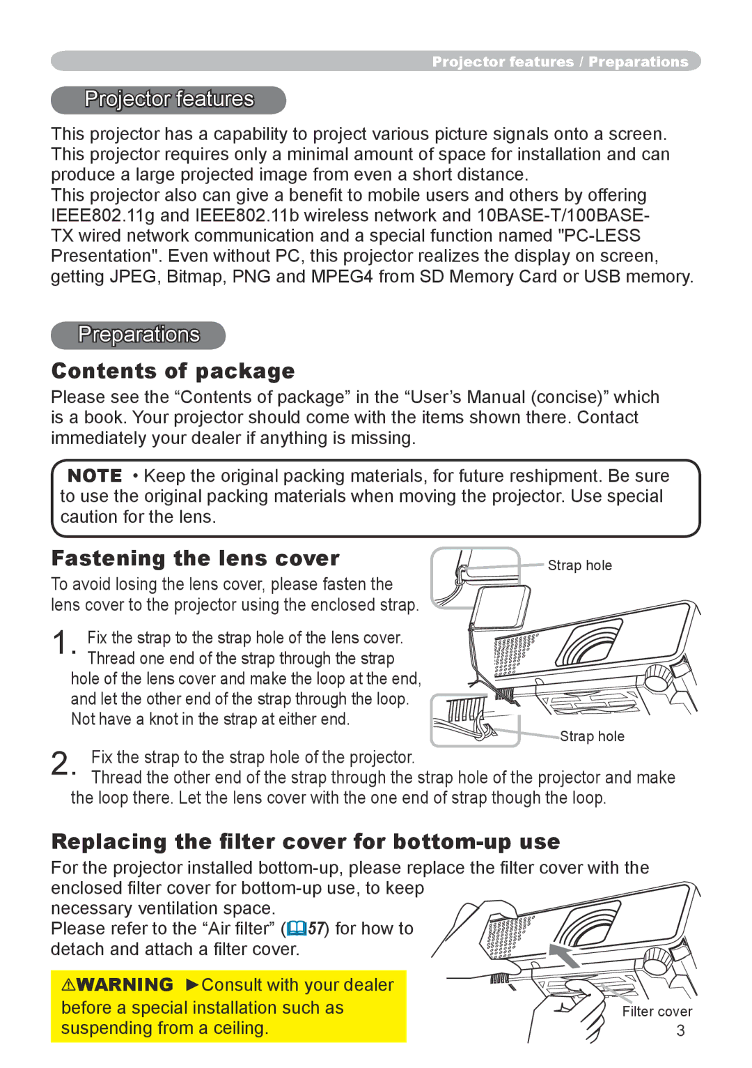 Hitachi CPX6 user manual Contents of package, Fastening the lens cover, Replacing the filter cover for bottom-up use 