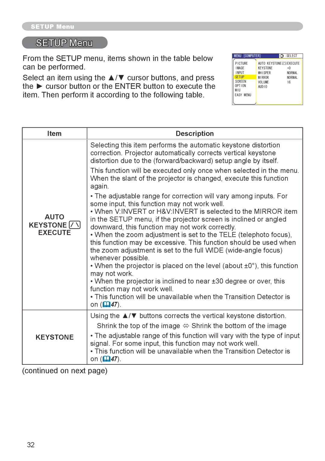 Hitachi CPX6 user manual Setup Menu 