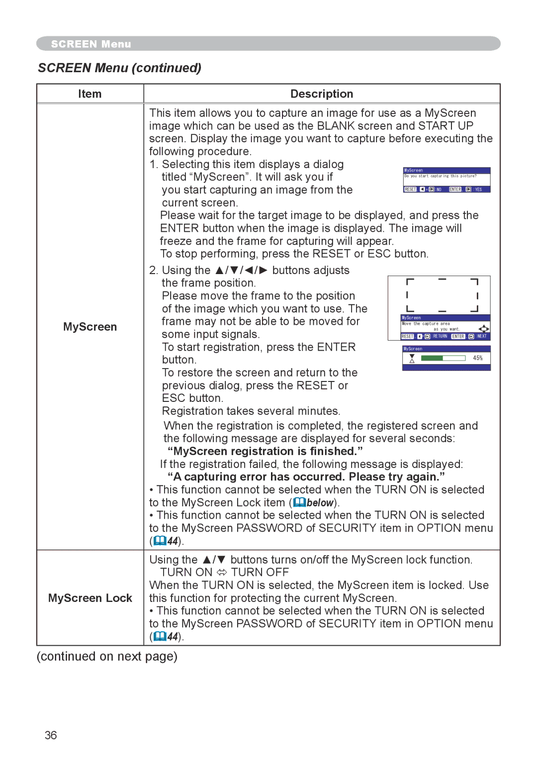 Hitachi CPX6 user manual MyScreen registration is finished, Capturing error has occurred. Please try again 